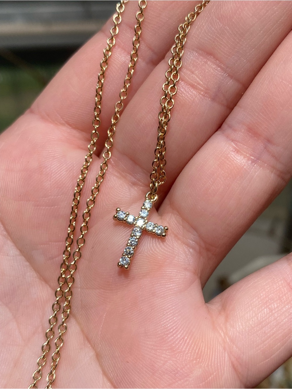 Gold Cross Pendant Necklace with Clear Stones Signed GV9 - Picture 11 of 13
